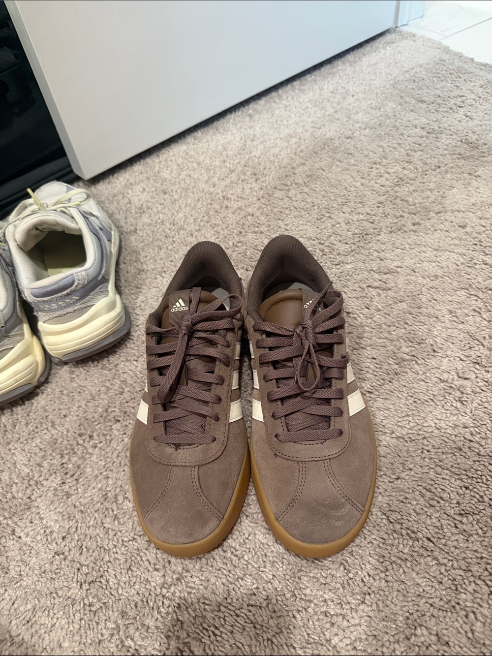 adidas womens Brown Suede Sneakers with White Stripes and Gum Sole - Picture 2 of 3
